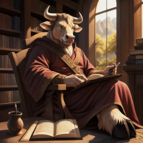 an anthro bull writing on parchment with a quill pen within a library, ((nj5furry, solo, sitting in chair, looking down, masterp...