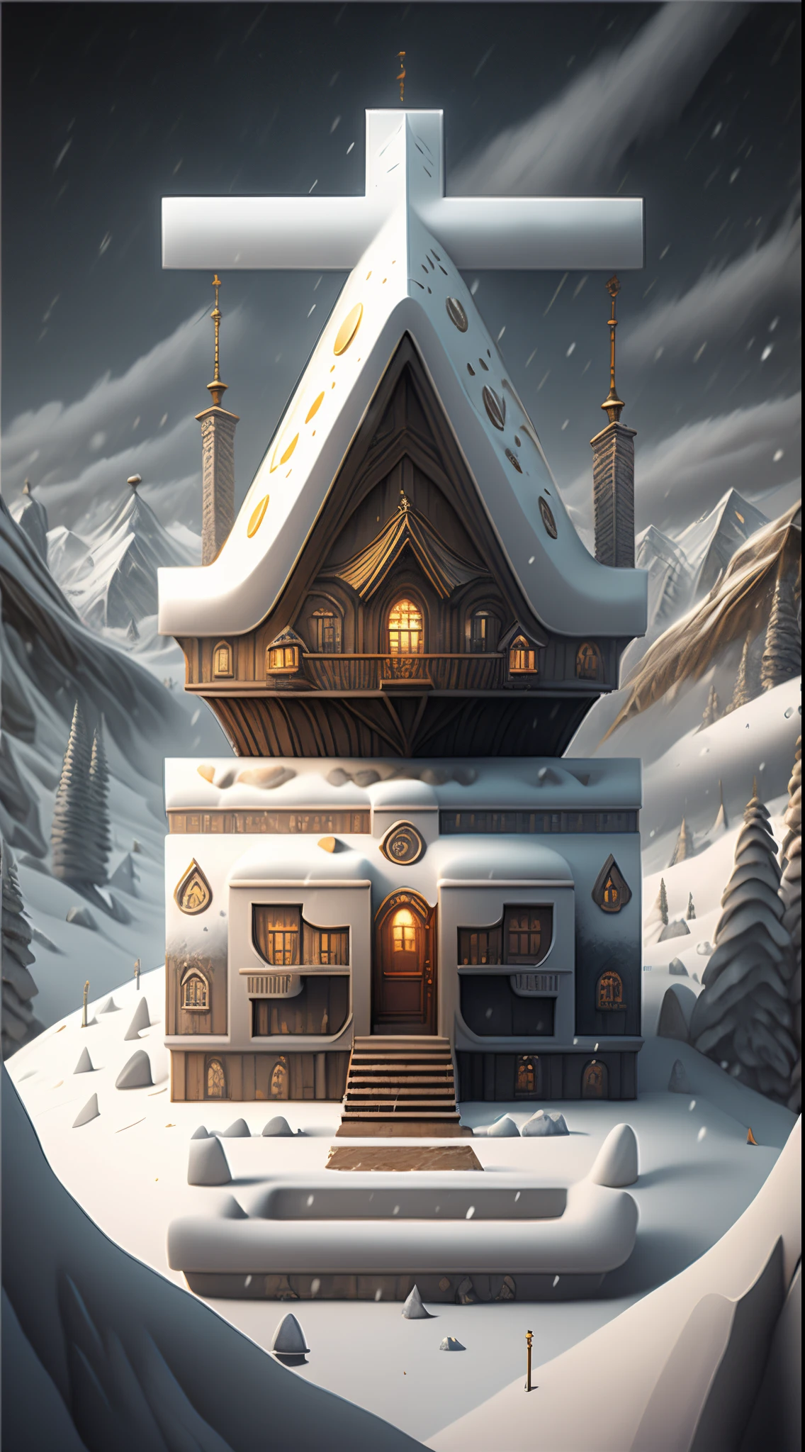 snow mountains，The House of Gold，Blizzarding，3 Rendering，Fantasyart，Surreal，,the ultra-detailed,