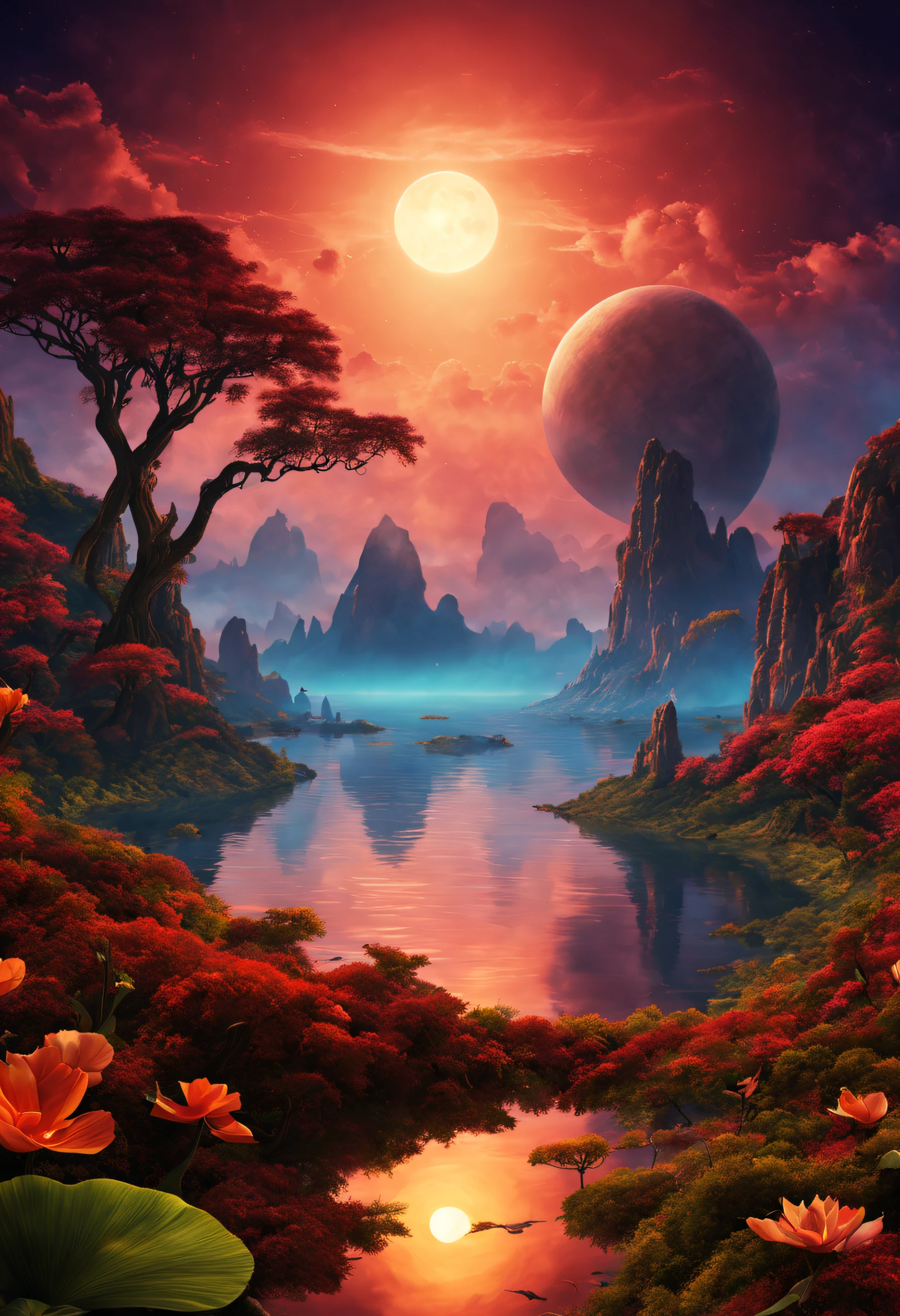 Eine wunderschöne, prächtige imaginäre Landschaft auf einem exotischen Planeten mit einem doppelten Sonnenuntergang und einem außergewöhnlichen Erlebnis