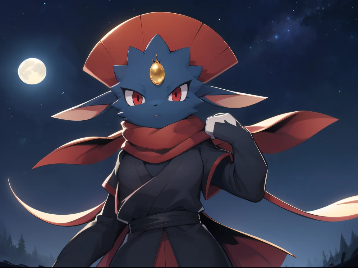 Weavile, bluish fur, orange gem, red eyes, standing, long scarf, black ninja outfit, trees, midnight, moon, stars,  epic, cinematic lighting, volume lighting, bright tone, warm color, colorful, masterpiece, super detail, high quality, best quality, highres, 16k, uploaded on e621,