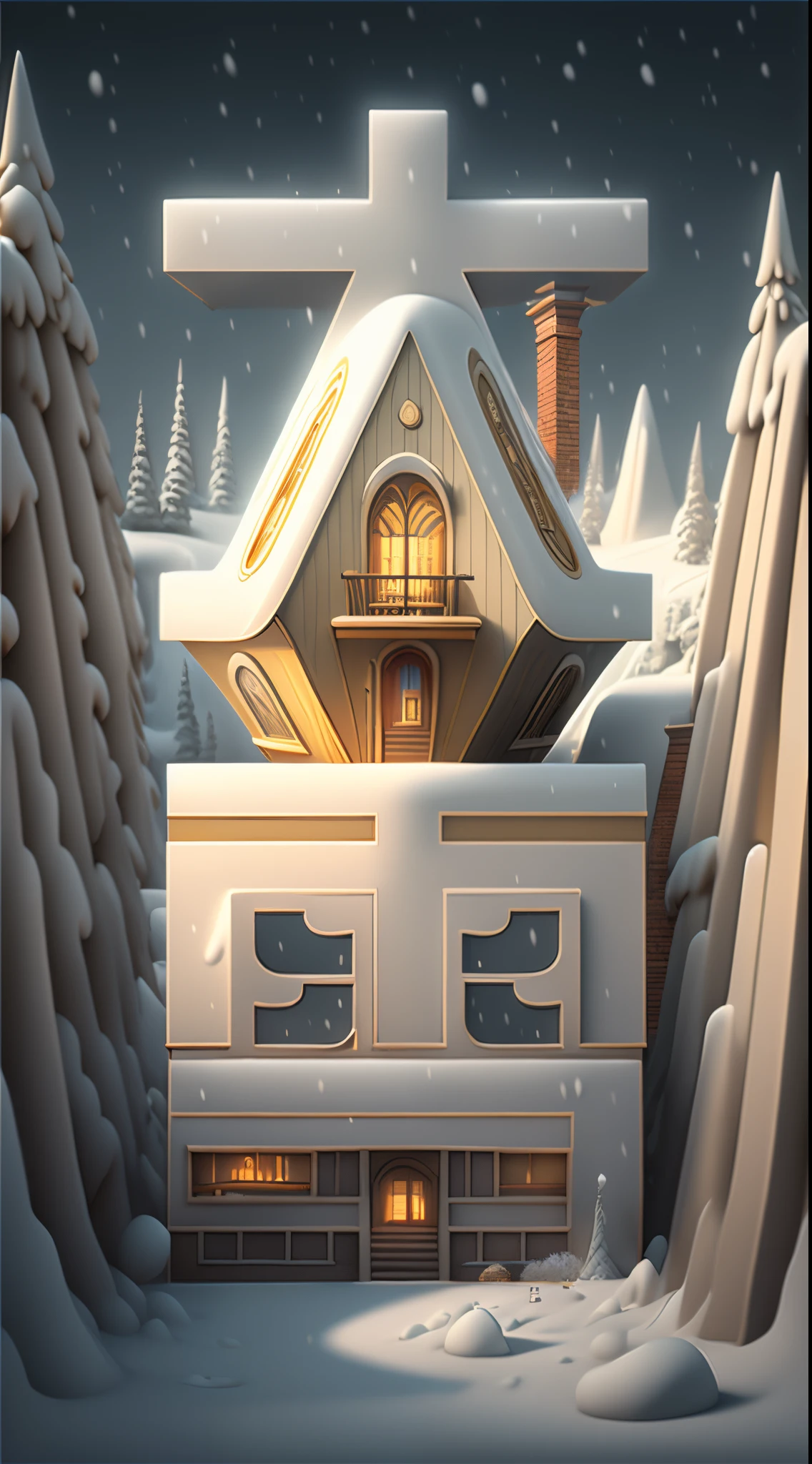 snow mountains，Golden House，Blizzarding，3 Rendering，Fantasyart，Surreal，,the ultra-detailed,
