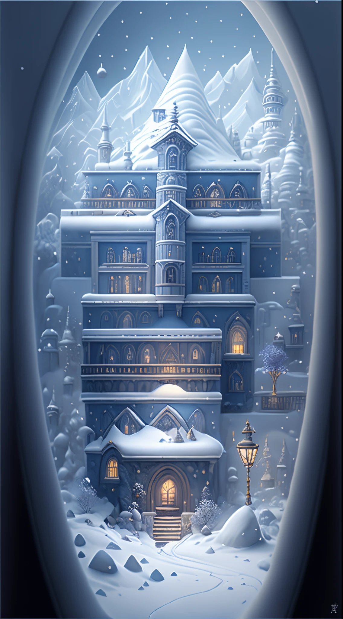 snow mountains，（sapphire castle)，Blizzarding，3Drenderingof，Fantasyart，Surreal，,the ultra-detailed,