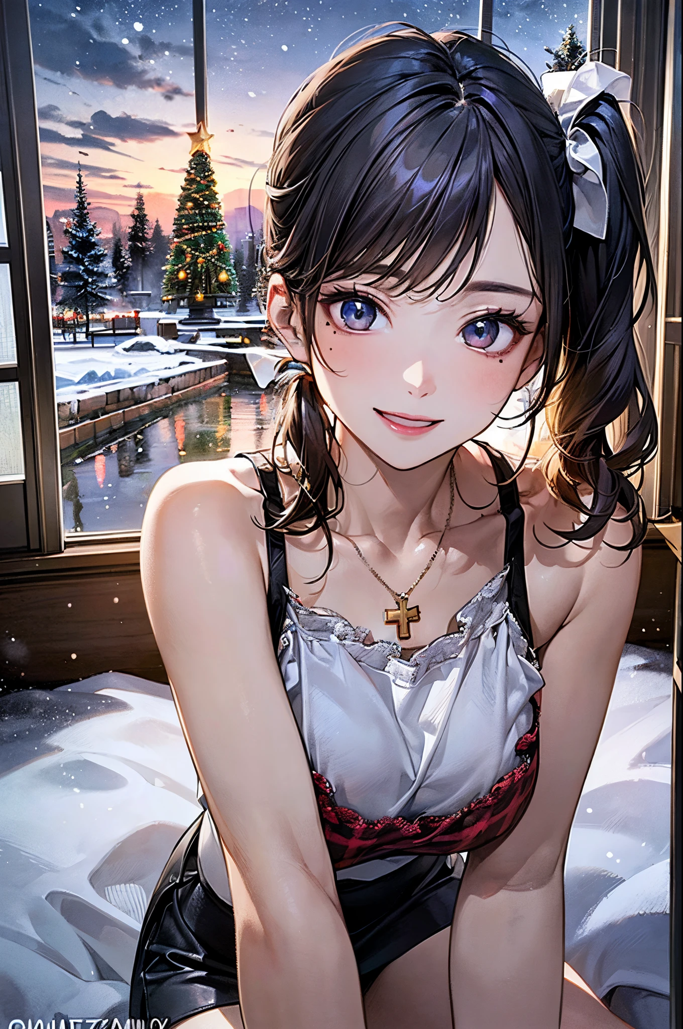 Anime girl sitting on a bed in front of a window - SeaArt AI