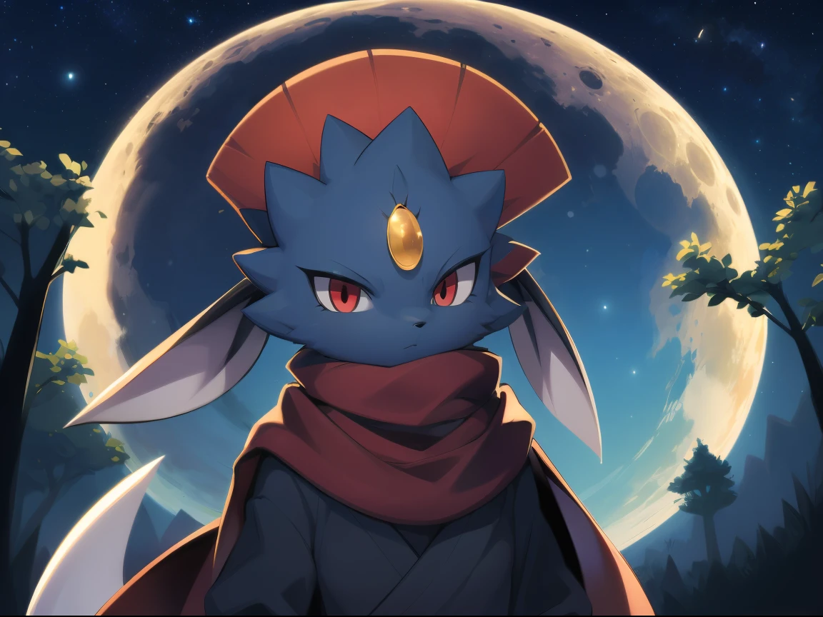 Weavile, bluish fur, orange gem, red eyes, standing, long scarf, black ninja outfit, trees, midnight, moon, stars,  epic, cinematic lighting, volume lighting, bright tone, warm color, colorful, masterpiece, super detail, high quality, best quality, highres, 16k, uploaded on e621,