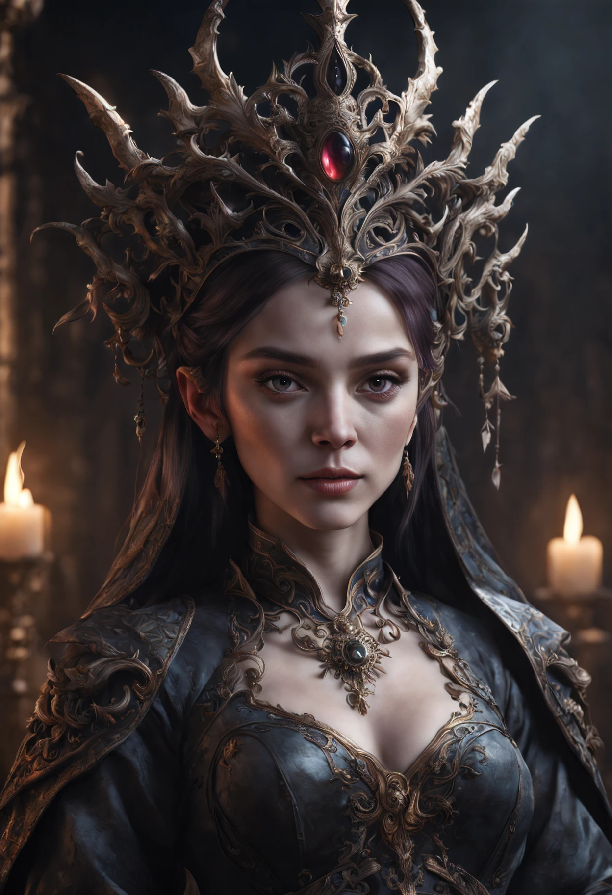 master piece, 1woman(dark magic), (grim), diadem, (intricate details), (hyperdetailed), 8k hdr, high detailed, lot of details, high quality, soft cinematic light, dramatic atmosphere, atmospheric perspective