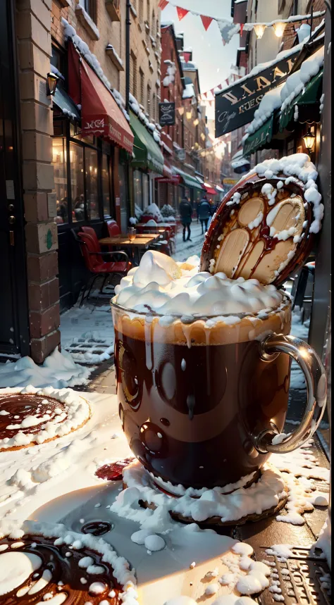 Extreme closeup，Scavenging，tmasterpiece，Cafe door，street corner，Several tables，A few chairs，((Red wine on the table))，Red wine glasses，coffee mug，In the daytime，Street side，snowy days，Winters，Lively atmosphere，c4d，Empty product display scene，Front view，fir...