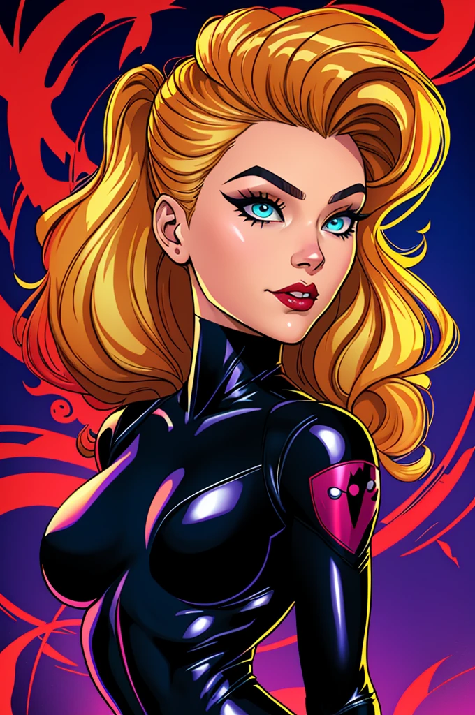 um desenho animado de uma mulher vestida de viúva negra e cabelo loiro, J.. Scott Campbell, J.. Scott Campbell, menina gato atraente, personagem de quadrinhos, Vilania, Retrato de corpo inteiro de Gwen Stacy, viúva Negra, personagem cômico, Canário preto,  do gato, Design de personagens de quadrinhos dos anos 90, gatinha, vestindo um macacão preto, inspired by J.osé Comas Quesada, inspirado em J.. Scott Campbell, estilo quadrinhos, arte linear, vetor, contorno preto