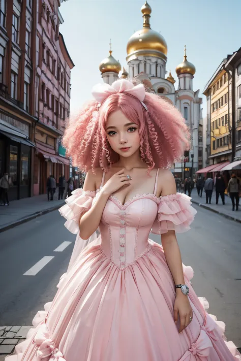 a girl with curly pink hair in a fluffy ball gown in the middle of the city of Zaporozhye