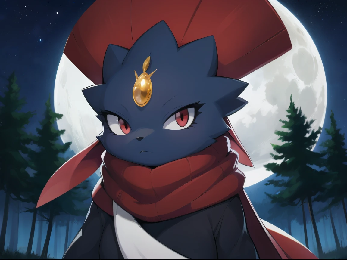 Weavile, bluish fur, orange gem, red eyes, standing, long scarf, black ninja outfit, trees, midnight, moon, stars,  epic, cinematic lighting, volume lighting, bright tone, warm color, colorful, masterpiece, super detail, high quality, best quality, highres, 16k, uploaded on e621,