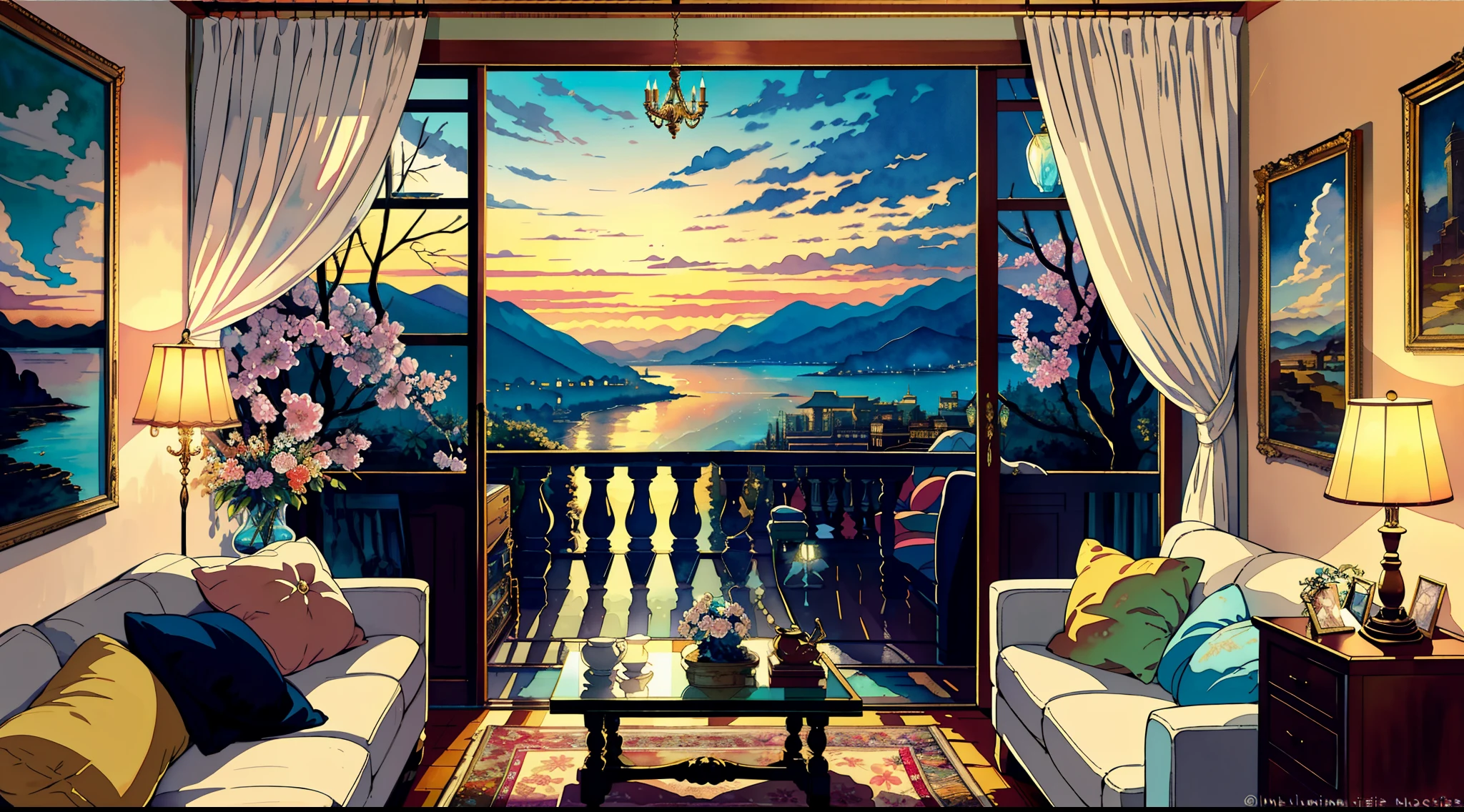 A masterpiece, an exquisite view from a large window, shelves with books, watercolor paintings, paintings on the walls, a fireplace, chic furniture, gold elements, figurines, pots with branches, bottles, glasses, cups, plates, crystal, a chest of drawers, a sideboard with a variety of books, dishes, a dreamcatcher, a neon garland, a multi-colored garland, highlights, an exquisite interior, a view from the window, a bridge, the sea, mountains, sunset, a city, neon light, night, a bed, a sofa,  pillows, sconces, flowers, daylight, bright room, illuminated room, lots of light