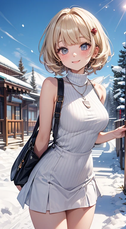 //キャラクター1女の子, 雪国のリゾートへの旅行者 , スリムで柔らかい, 中くらいの大きい胸,   超詳細な顔, めちゃくちゃ可愛い,無実の,  丸い顔, 薄い眉毛, キラキラ輝く瞳, 半透明の肌,    思いやりに満ちた笑顔,   超ショートヘア ,  金髪 , マルチカラーヘア,  シャギーバング,  
壊す
//ファッション雪山リゾートの服装彼女の衣装は白い雪の妖精をイメージしたスタイルです大きなリブの純白の膝丈ニットドレス, ノースリーブ, タートルネック, 
小さな光沢のあるネックレス, 髪飾り, 
her clothes shows off her body line but the rim is fluffy
壊す
at the resort hotel in the snowy mountain, 晴れた日