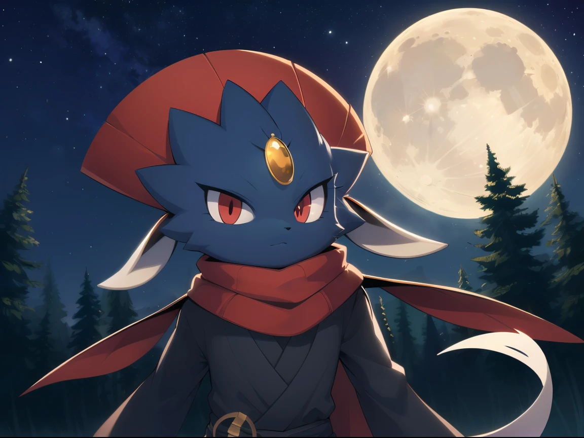 Weavile, bluish fur, orange gem, red eyes, standing, long scarf, black ninja outfit, trees, midnight, moon, stars,  epic, cinematic lighting, volume lighting, bright tone, warm color, colorful, masterpiece, super detail, high quality, best quality, highres, 16k, uploaded on e621,