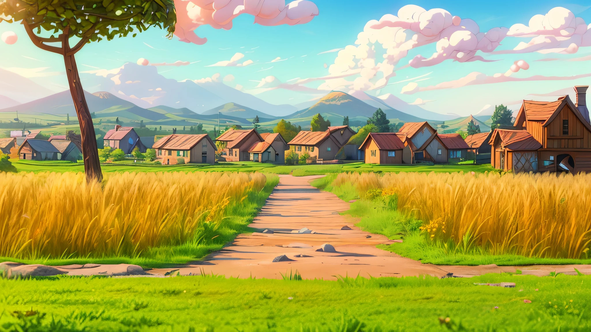 bajo contraste de imagen, Bajo brillo, ((luz del sol desde la parte superior izquierda:1.5)), pixar, Animación 3D, representación 3d, una granja en el campo, afternoon luz with long shadow, Un campo de trigo amarillo, Hay hierba verde creciendo en el lecho del campo de trigo y debajo de los trigos., (Un camino de tierra caricaturesco atraviesa el campo:1.3), un árbol grande. El granero tiene un color rojo y algo de blanco., en la esquina inferior izquierda hay pastizales, renderizado de alto detalle, Variar renderizado, arnold render, Artistic representación 3d, profesión de tiro CG, composición artística, enmarcado profesional, imagen nítida y con alto detalle, colores vívidos, luz, muy detallado, grano de la película, claro como el cristal, Intrincado, Liso, elegant, obra maestra, 4k, 8K, iluminación GI, hiper detallado, alta definición