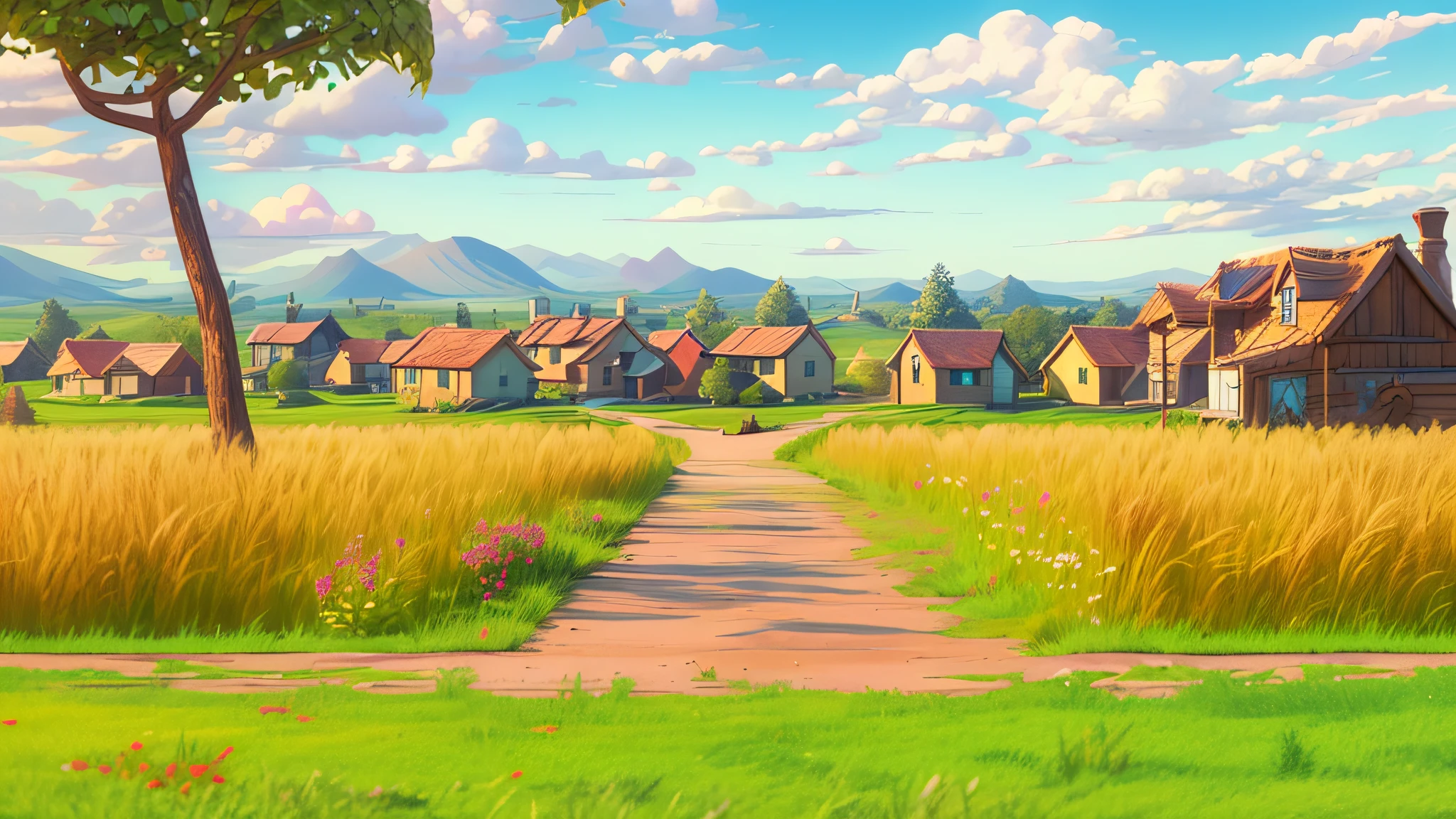 bajo contraste de imagen, Bajo brillo, ((luz del sol desde la parte superior izquierda:1.5)), pixar, Animación 3D, representación 3d, una granja en el campo, afternoon luz with long shadow, Un campo de trigo amarillo, Hay hierba verde creciendo en el lecho del campo de trigo y debajo de los trigos., (Un camino de tierra caricaturesco atraviesa el campo:1.3), un árbol grande. El granero tiene un color rojo y algo de blanco., en la esquina inferior izquierda hay pastizales, renderizado de alto detalle, Variar renderizado, arnold render, Artistic representación 3d, profesión de tiro CG, composición artística, enmarcado profesional, imagen nítida y con alto detalle, colores vívidos, luz, muy detallado, grano de la película, claro como el cristal, Intrincado, liso, elegant, Obra maestra, 4k, 8k, iluminación GI, hiper detallado, alta definición