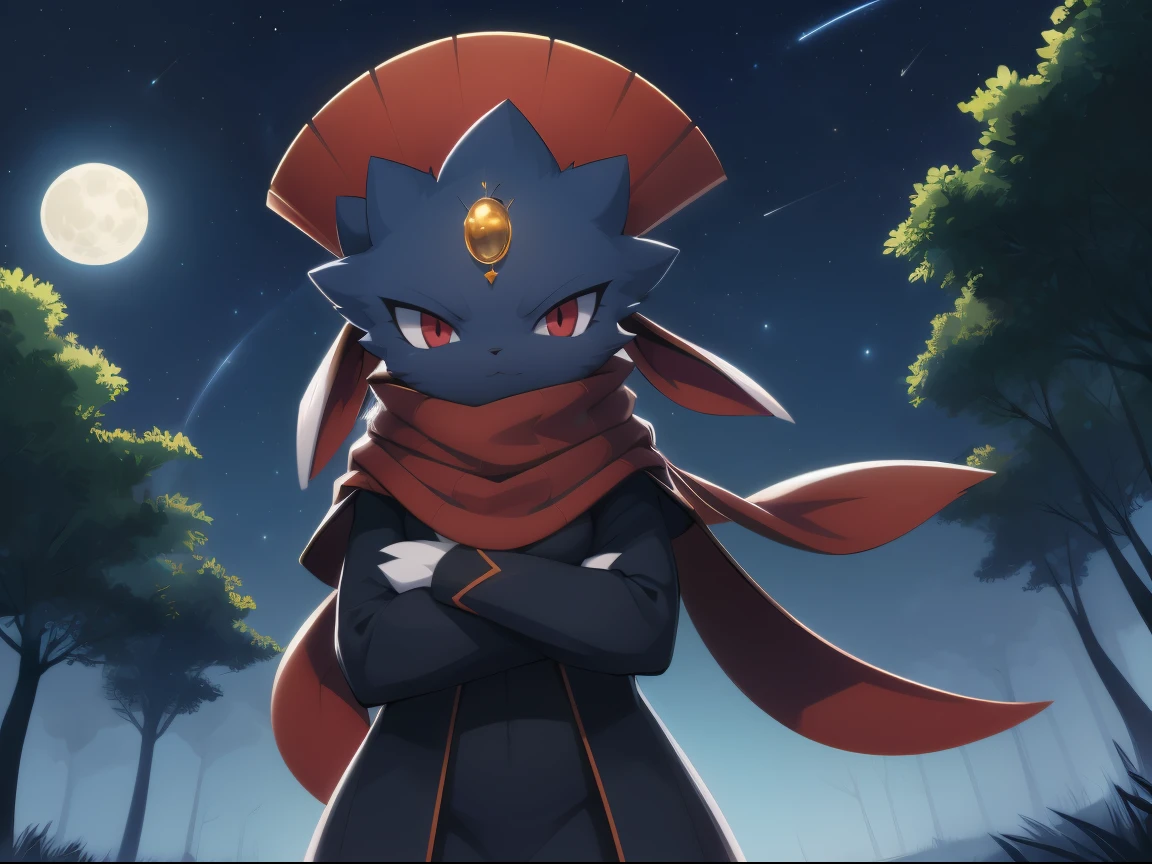 Weavile, bluish fur, orange gem, red eyes, standing, long scarf, black ninja outfit, trees, midnight, moon, stars,  epic, cinematic lighting, volume lighting, bright tone, warm color, colorful, masterpiece, super detail, high quality, best quality, highres, 16k, uploaded on e621,