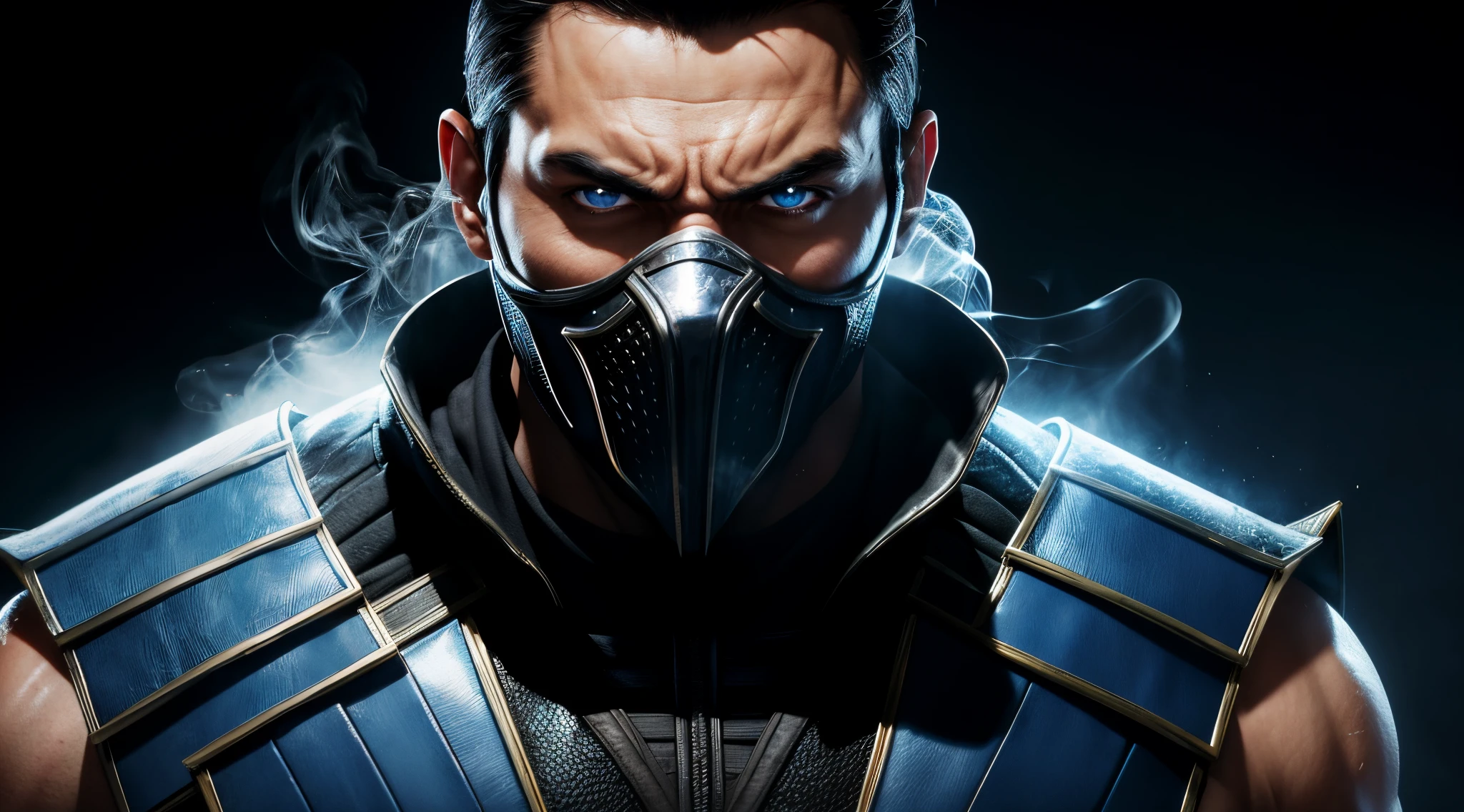 Mortal kombat, retrato (close up) Sub zero, efeitos de gelo, traje