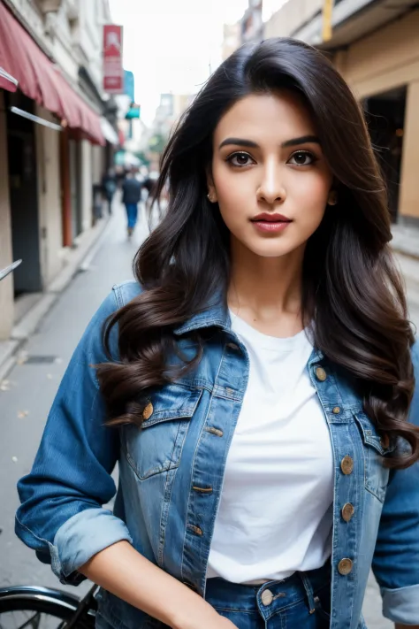Portrait of A confident-looking indian princess with long flowing hair, hazel eyes, without flowing capes, wearing jeans, Levis ...