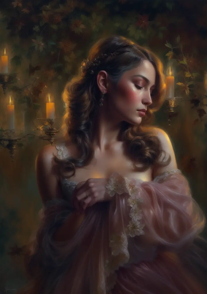 glory, beauty, painting of a woman in a dress with a candle in the background, sultry digital painting, inspired by Bastien L. D...
