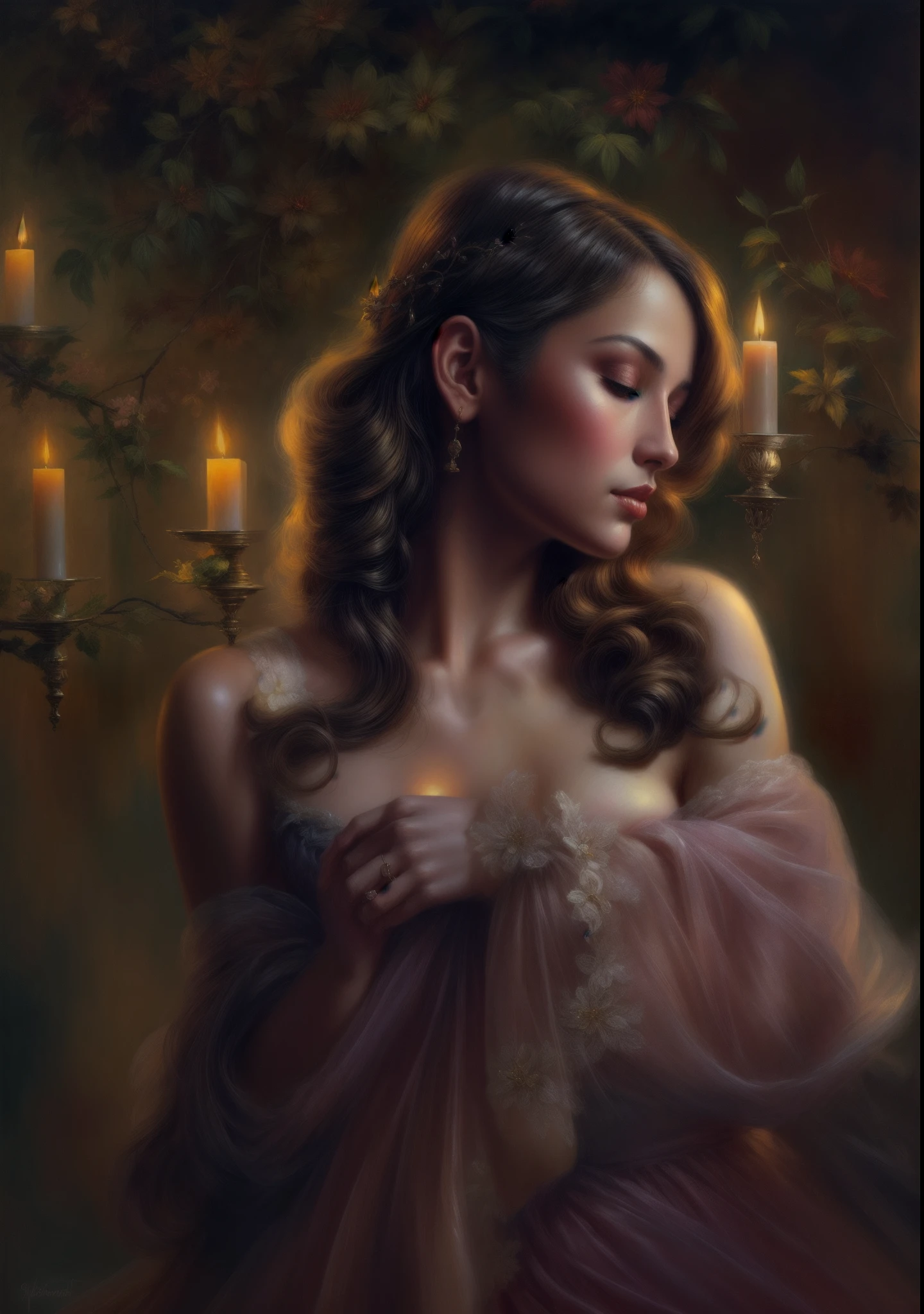 Gloria, belleza, cuadro de una mujer con un vestido y una vela al fondo, pintura digital sensual, inspirado en Bastien L.. Deharme, inspirado en WLOP, inspirado en Pierre Auguste Cot, inspirado en Roberto Ferri, pintura digital renacentista, inspirado en casey baugh, pintura digital elegante, crepúsculo ; pintura al óleo digitales, baroque digital paintingpintura digital elegante, Anna Dittmann Alberto Vargas, pintura digital brillante, iluminación de estudio de pintura digital barroca,colores vibrantes,iluminación dramática,contrast, , Detalles meticulosos, detalles intrincados