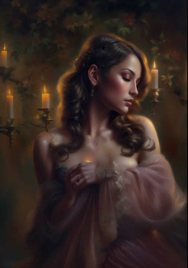 glory, beauty, painting of a woman in a dress with a candle in the background, sultry digital painting, inspired by bastien l. d...