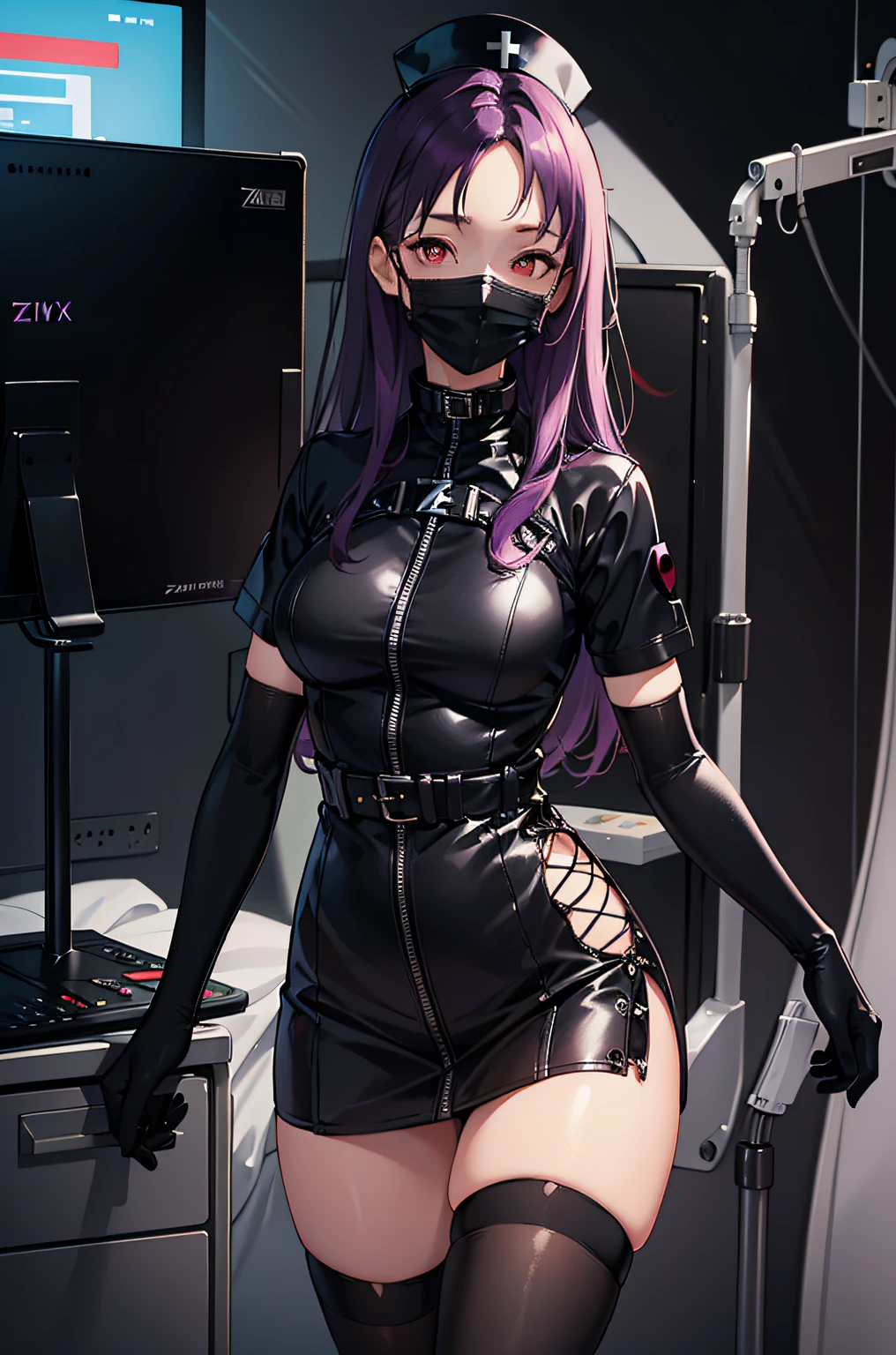 black nurse, 1woman, solo, black nurse cap, black wear, ((black legwear, zettai ryouiki)), black elbow gloves, long hair, purple hair, red eyes, ((black surgical mask, covered nose)), standing, ((surgery room)), sharp outline, short sleeves, mature female, 35 years old, best quality, masterpiece