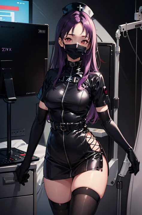 black nurse, 1woman, solo, black nurse cap, black wear, ((black legwear, zettai ryouiki)), black elbow gloves, long hair, purple hair, red eyes, ((black surgical mask, covered nose)), standing, ((surgery room)), sharp outline, short sleeves, mature female,...