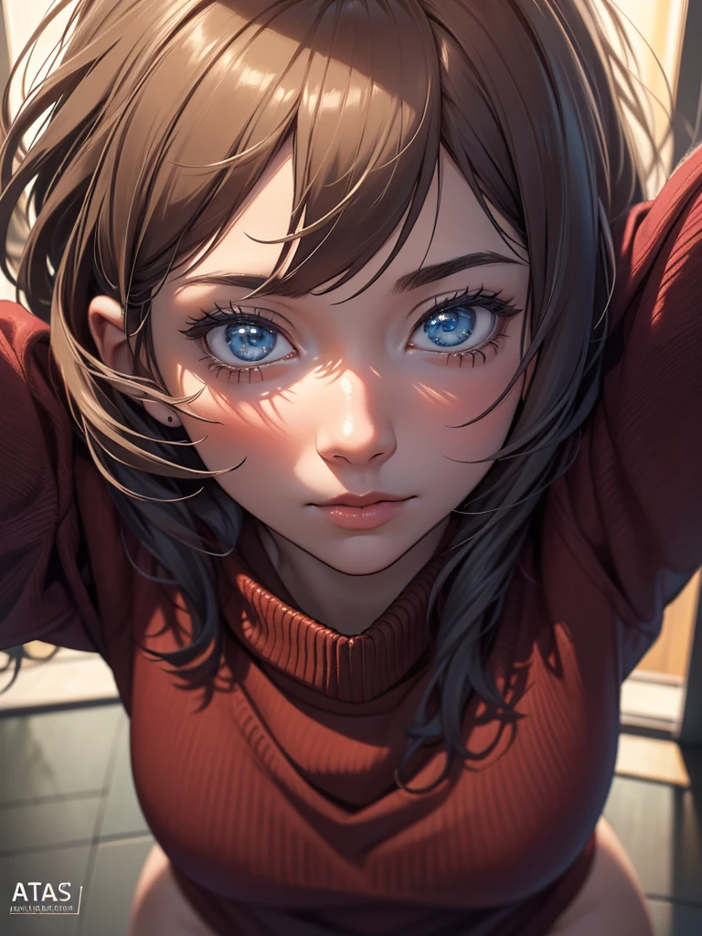 (best quality,4K,8k,highres,master part:1.2),ultra detali,(Realistic,photorrealistic,photo-realistic:1.37),2d,sketch art, アニメ,blackquality hair,busty,medium breasts,cleaveage,ass pov,Close-up,sweater,vivid colors,soft lighting