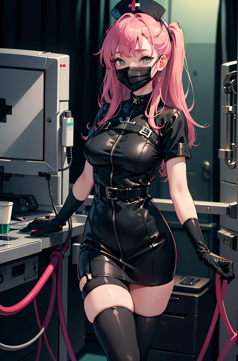 black nurse, 1woman, solo, black nurse cap, black wear, ((black legwear, zettai ryouiki)), black elbow gloves, pink hair, green eyes, drooping eyes, ((black surgical mask, covered nose)), standing, ((surgery room)), sharp outline, short sleeves, mature female, 32 years old, best quality, masterpiece