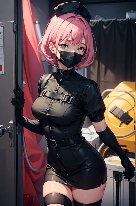 black nurse, 1woman, solo, black nurse cap, black wear, ((black legwear, zettai ryouiki)), black elbow gloves, pink hair, green eyes, drooping eyes, ((black surgical mask, covered nose)), standing, ((surgery room)), sharp outline, short sleeves, mature fem...