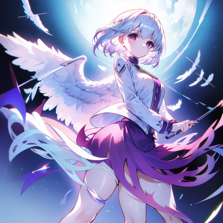 depiction of young woman, 1 girl, Alone, a skirt, footwear, from face to chest, looking at viewert, white color hair，purple dress，Manteau，short detailed hair，Arrow hem，feathered wings，Monowing，