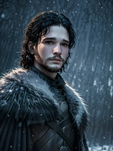 (professional 3D), (solo:1.3), (close up:1.3), jonsnow, 1man, fur collar, black coat, (((looking at the sky))), delicate and eth...