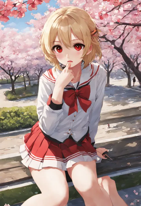 a blond、red eyes、One pretty girl、animesque、student clothes、a miniskirt、a park、sitting on、cherry trees