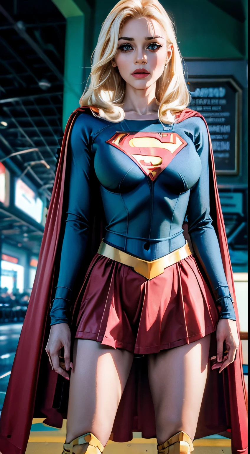 estilo anime
mulher adulta nova, 22 anos, blonde hair, ela tem um corpo magro, cabelo grande e cacheado, rostos com algumas sardas, olhos verdes, brincos nos ouvidos, colar discreto com pingente, superman character costume, red cape, heroic pose