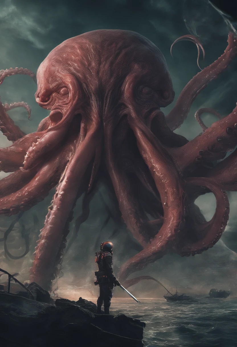 Giant octopus monster，Cthulhu in the Cthulhu Mythos，University  teacher'Looking directly at，extremely dangerous，The huge body is  shocking，spread throughout the sky，The horror of despair，The atmosphere is  oppressive，The scene is very ...