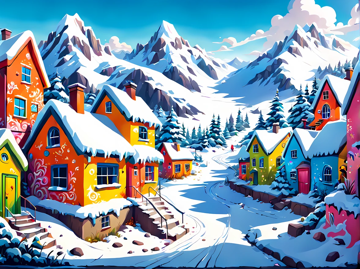 Cute Cartoon, CuteCartoonAF, (cute cartoon style:1.3), vivid and imaginative graffiti mural depicting the juxtaposition of snow in the midst of a vibrant summer landscape, the beauty of the contrasting elements, bold colors, intricate patterns, surreal imagery, story of the unexpected and the magical, capturing the essence of the fleeting nature of seasons colliding