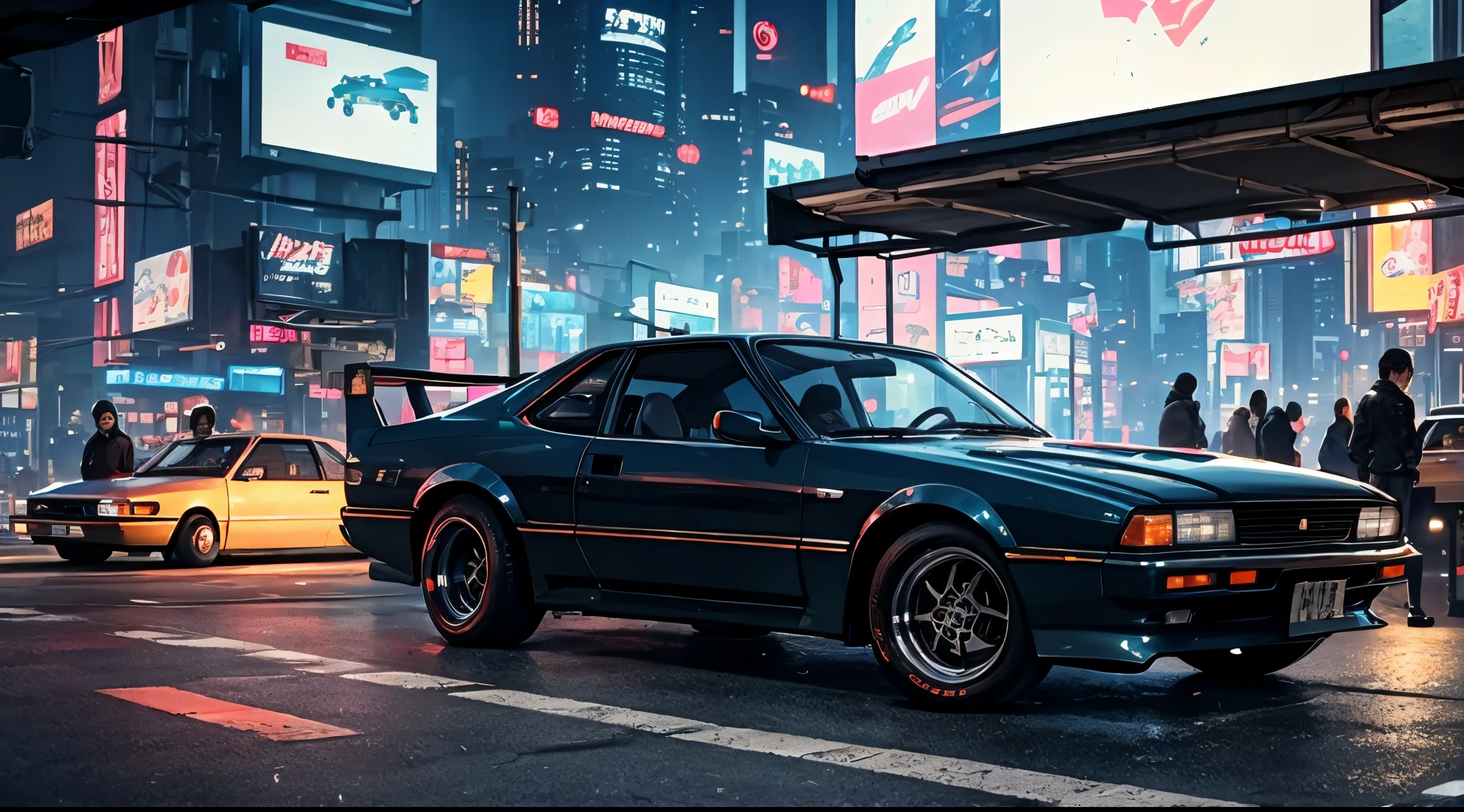 realistic, best quality,  hyoon,  vintage car, sedan, AE62, Trueno, in modern time, cyberpunk