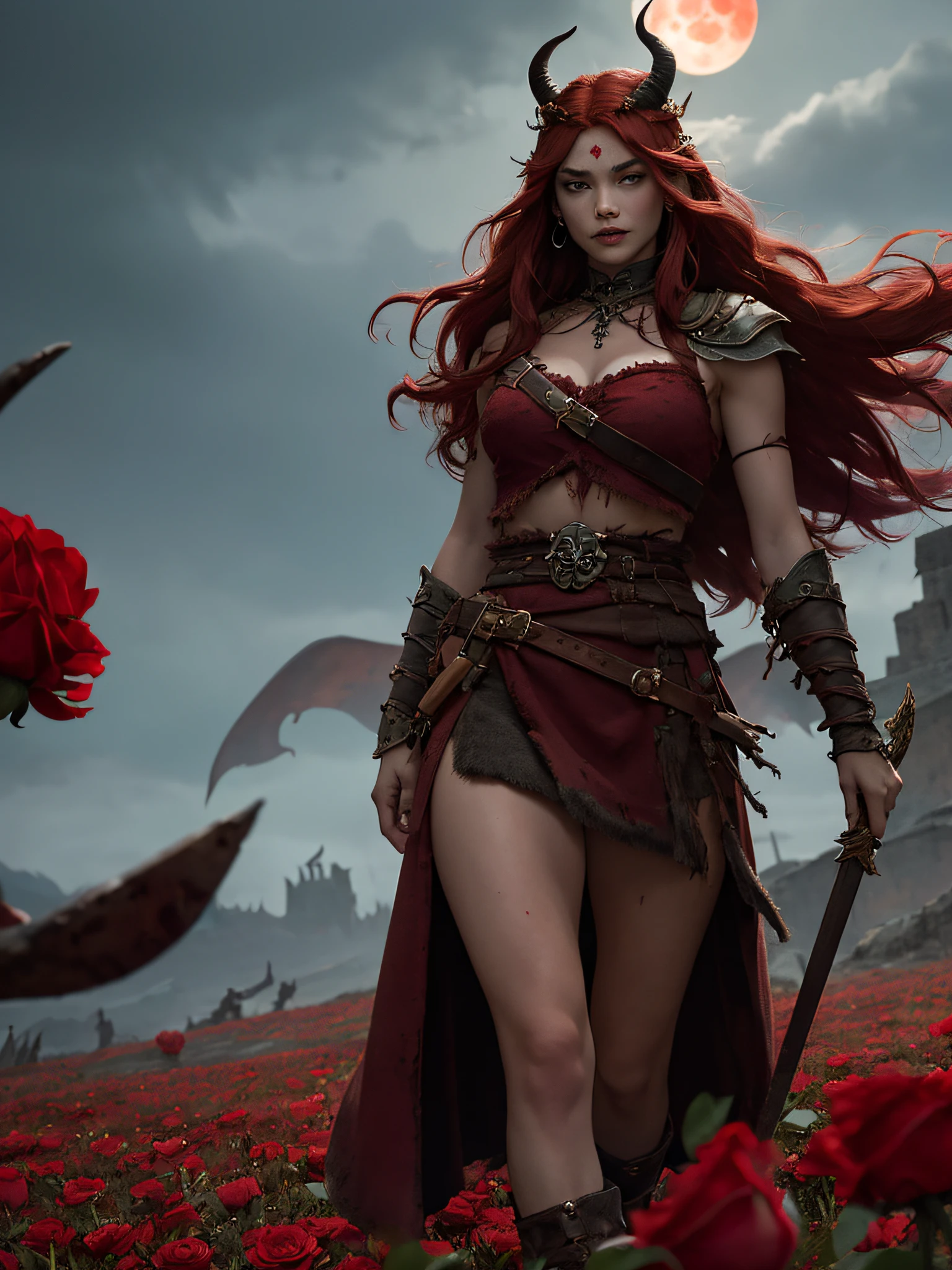 風になびく鮮やかな赤い髪を持ち、悪魔の角の冠と腰布を身に着け、ベルトに頭蓋骨をつけた、恵まれた女性蛮族の戦士の幻想的なイメージを作り出します。, 血のように赤いバラ畑を歩き、頭上に血のように赤い月が輝く背の高い黒いダークタワーへ向かう:
"勇敢な女性戦士を想像してください, 長い赤い髪が風になびいている, 腰布と悪魔の角の冠だけを身に着けている, 血のように赤いバラ畑を通り抜け、頭上に血のように赤い月が輝く暗い塔に向かって進む."