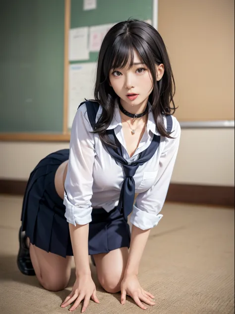 A Japanese Lady，Beautuful Women，Beautiful Mature Woman，(Female in her 30s)，(governess)，((school classrooms))，Crawling on all fours，crawling on hands and knees，Kneeling position，Posture with buttocks sticking out，((put out the tongue))，((Drooling))，Kamimei，...