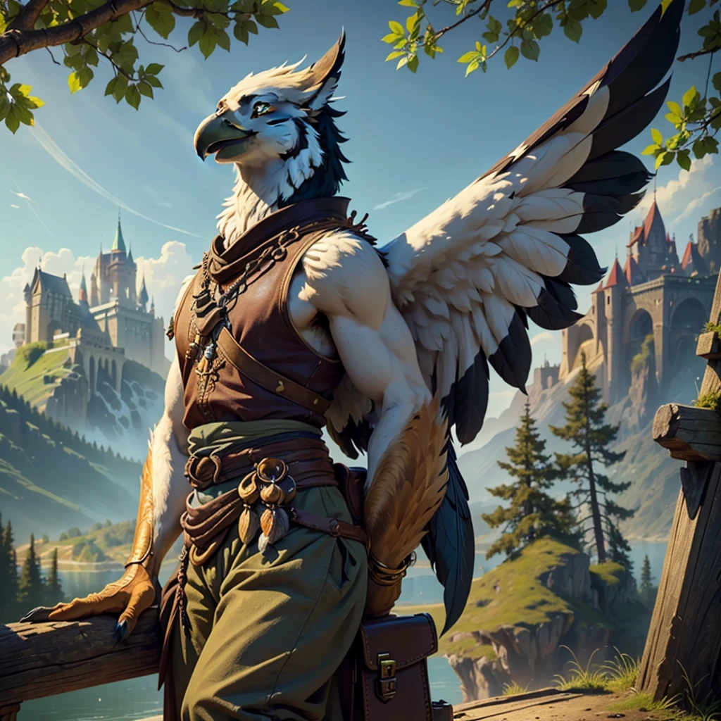 an anthro gryphon sitting on a flagpole during the day, ((nj5furry, solo, looking around, sitting on pole pose, masterpiece, anthro, male, avian, gryphon-face, short talons, black claws, clawed hands, slender body, three-tone feathers, white and brown and gold feathers, detailed feathers, feathered body, (feathered arms, large feathered wings), short tail feathers, small leather satchel)), calm expression, (gold eyes, (loose medieval-style drawstring pants: 1.4, loose medieval-style shirt: 1.4,)), forest background, ((sky background, large city background)), best quality,4k,8k,highres,masterpiece:1.2), ultra-detailed,(realistic,photorealistic,photo-realistic:1.37),drawn with colored pencils, richly detailed, traditional style landscapes, scenic beauty, beautifully detailed books, fine textures, soft and vibrant colors, sunlit atmosphere, tranquil and peaceful ambiance, impressionistic brush strokes, focus on foreground and background, depth and perspective, ethereal lighting effects, (full body camera angle, dynamic side camera angle)