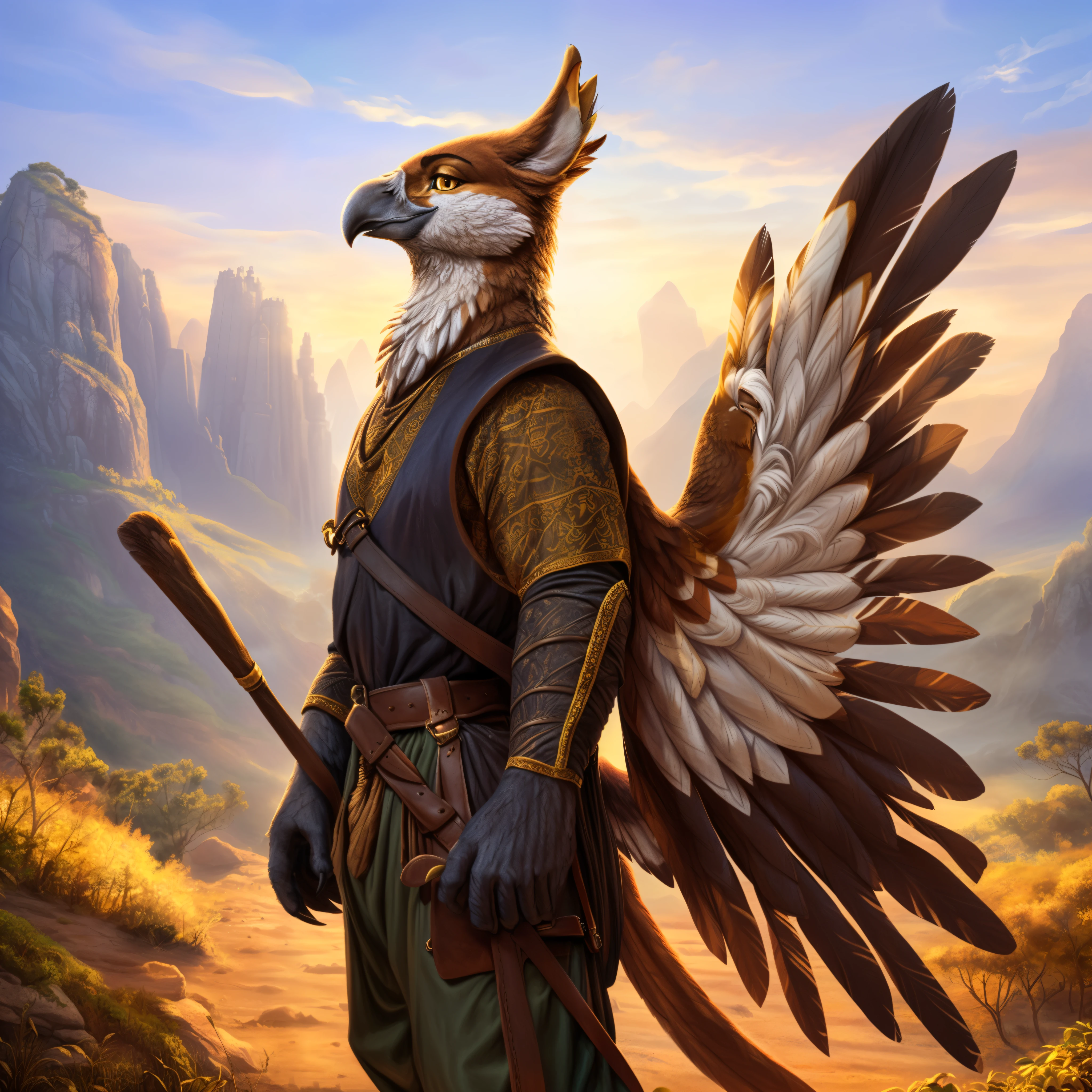 an anthro gryphon standing near a flagpole during the day, ((nj5furry, solo, looking around, standing, masterpiece, anthro, male, avian, gryphon-face, short talons, black claws, clawed hands, slender body, three-tone feathers, white and brown and gold feathers, detailed feathers, feathered body, (feathered arms, large feathered wings), short tail feathers, small leather satchel)), calm expression, (gold eyes, (loose medieval-style drawstring pants: 1.4, loose medieval-style shirt: 1.4,)), forest background, ((sky background, large city background)), best quality,4k,8k,highres,masterpiece:1.2), ultra-detailed,(realistic,photorealistic:1.37),drawn with colored pencils, richly detailed, traditional style landscapes, scenic beauty, fine textures, soft and vibrant colors, sunlit atmosphere, tranquil and peaceful ambiance, impressionistic brush strokes, focus on foreground and background, depth and perspective, ethereal lighting effects, (full body camera angle, side camera angle)