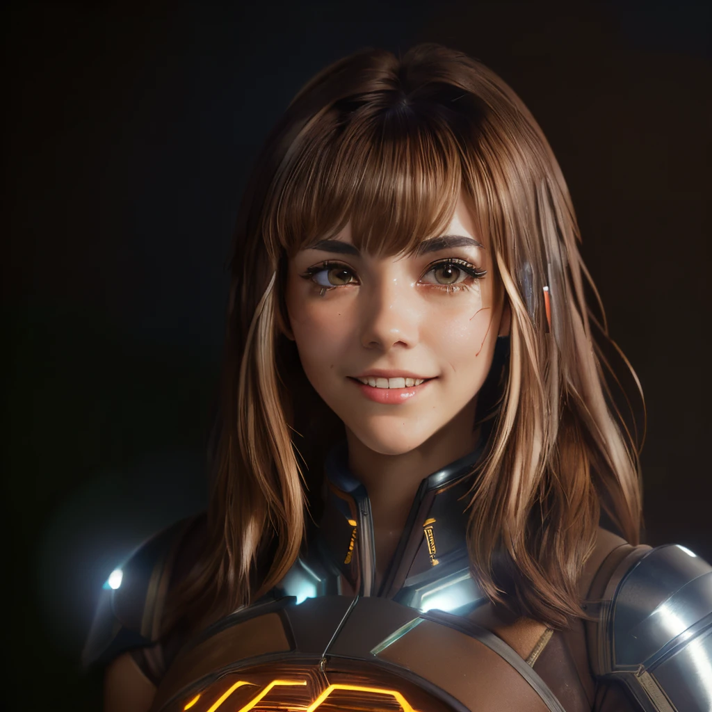 ((masterpiece)), 8k cg, best quality, intricate details, chromatic aberration, ((bust shot)), ((looking at the viewer)), 1girl, Canadian ((Character((Mumei Nanashi)), wide smile, closed mouth, soft lips , brown eyes)), young girl, 17 years old, blush, makeup, strong face features, long lashes, ((long fluffy hair, ((brown hair)), straight bangs)), ((cybernetic armor, god armor)), defined body, , (((background(((dark background)), fog))), absurdes
