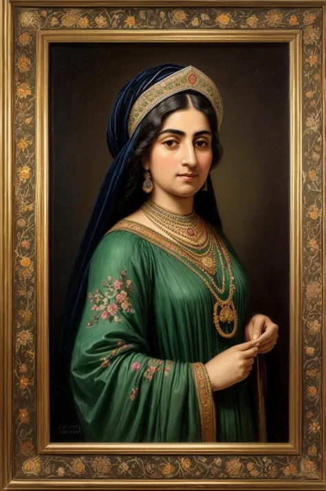 ((half body portrait)) , ((front view)) , Persian Qajar period woman , ((30 years old)) , wrinkle on face ,  , Bright dark face ...
