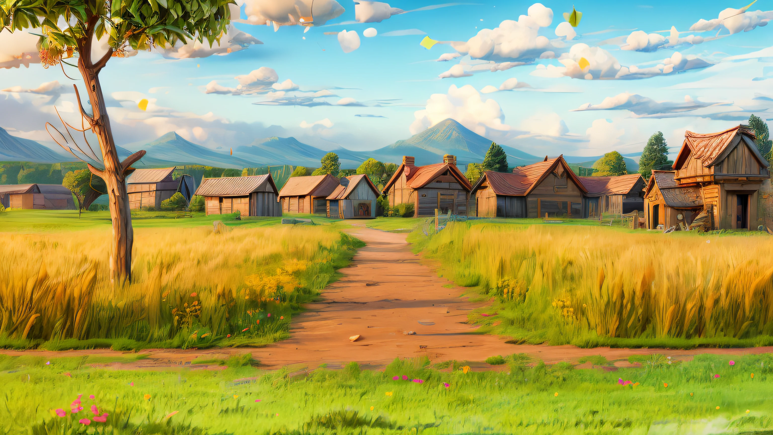 ((sunlight from the upper-top Left:1.5)), Pixar, 3d animation, 3d render, a farm in the countryside, afternoon daylight with long shadow, A field of yellow wheat, There is green grass growing in the bed of the wheat field and beneath of wheats, (cartoonish dirt road cuts through the field:1.3), a large tree. The barn has a red and some whit, in the left bottom corner there is grassland, high detail rendering, Vary rendering, Arnold render, Artistic 3d render, profession CG shooting, artistic composition, professional Framing, sharp and high detail image, vivid colors, daylight, highly detailed, film grain, crystal clear, intricate, smooth, elegant, masterpiece, 4k, 8k, GI lighting, hyper detailed, HD