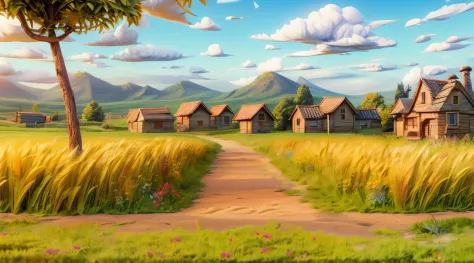((sunlight from the upper-top Left:1.5)), Pixar, 3d animation, 3d render, a farm in the countryside, afternoon daylight with lon...