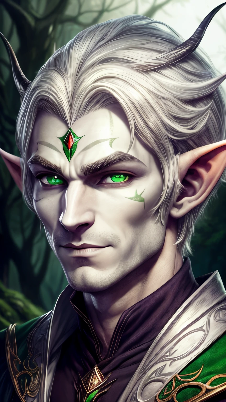 A close up of a male elf with green eyes and white hair - SeaArt AI