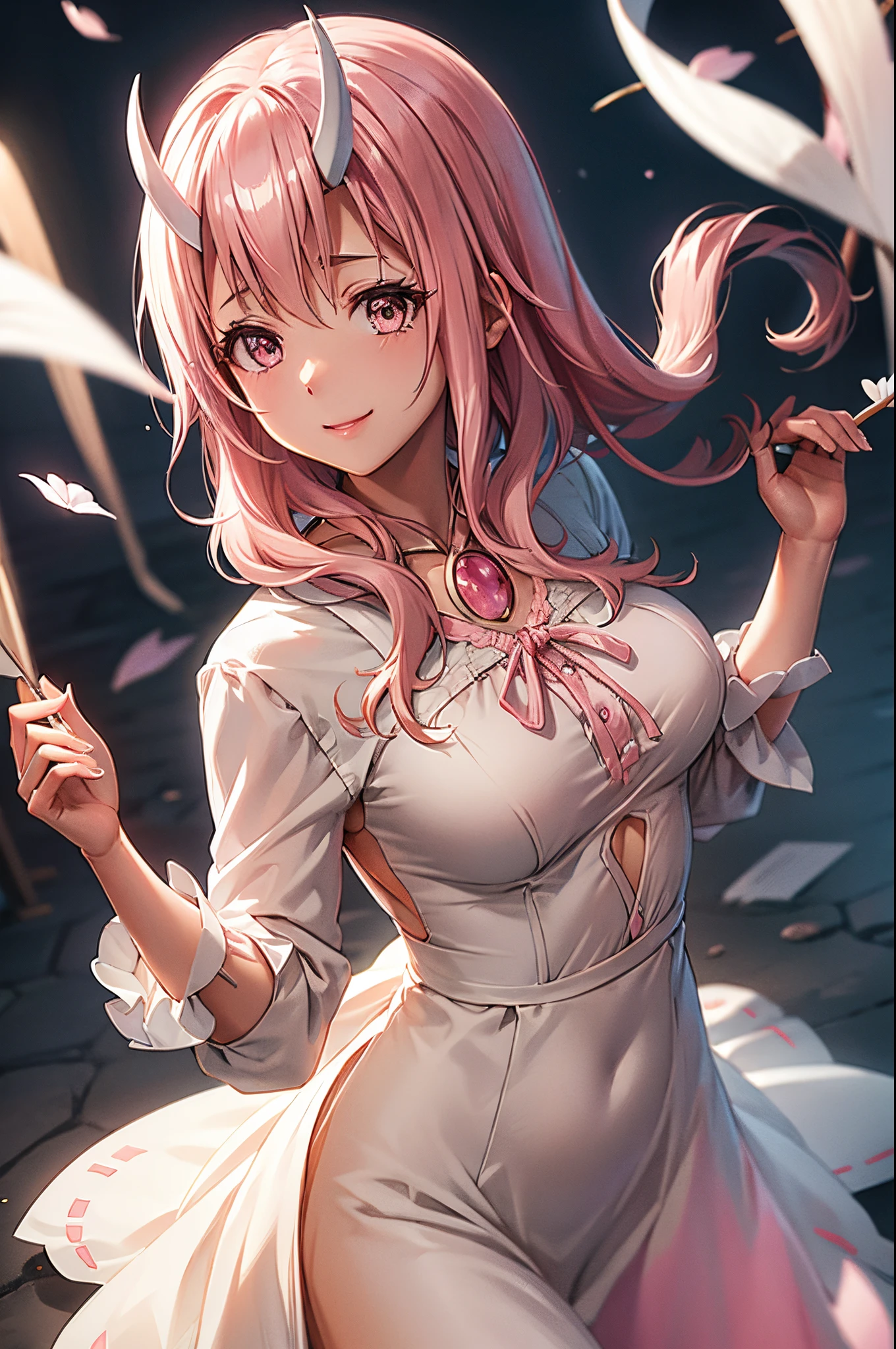 masuter piece, Best Quality, 超A high resolution, top-quality, Anime style, The best lighting, Beautiful face, tensura, Shuna, 2 white horns, (girly pink dress:1.3), white frills, A pink-haired, length hair, kindly smile, Look into your audience, Extend your right hand, Face up, Hair tied at the back, cowboy  shot