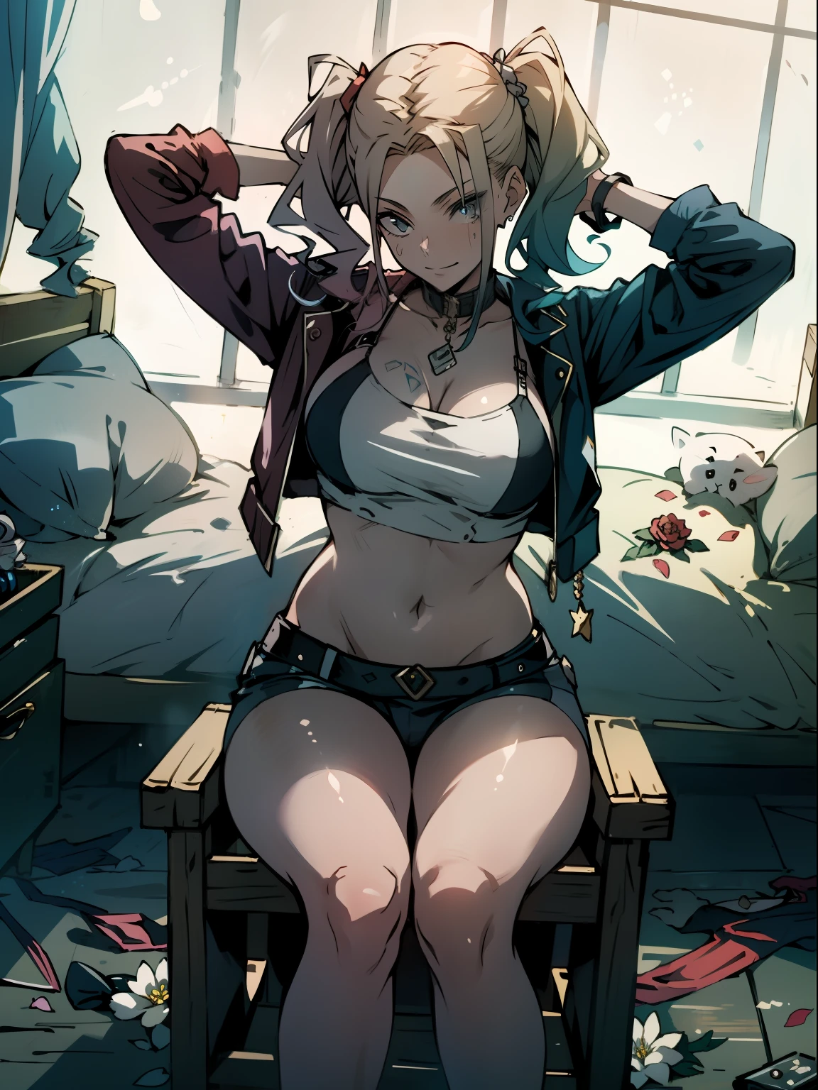 Anime girl sitting on a chair with her hands on her head - SeaArt AI