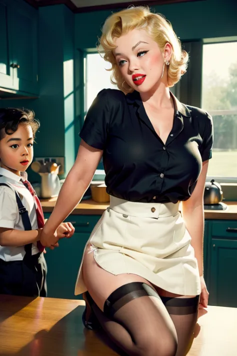 Mom and small son photo, 28 years old tall busty Marilyn Monroe with young smaller boy 9 years old having sex at kitchen , Maril...