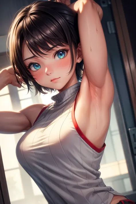 8k high resolution,detailded face,detailed bpdy,perfect body,ultra high quality,1 girl,sleeveless shirt,arms up,armpit, sweating