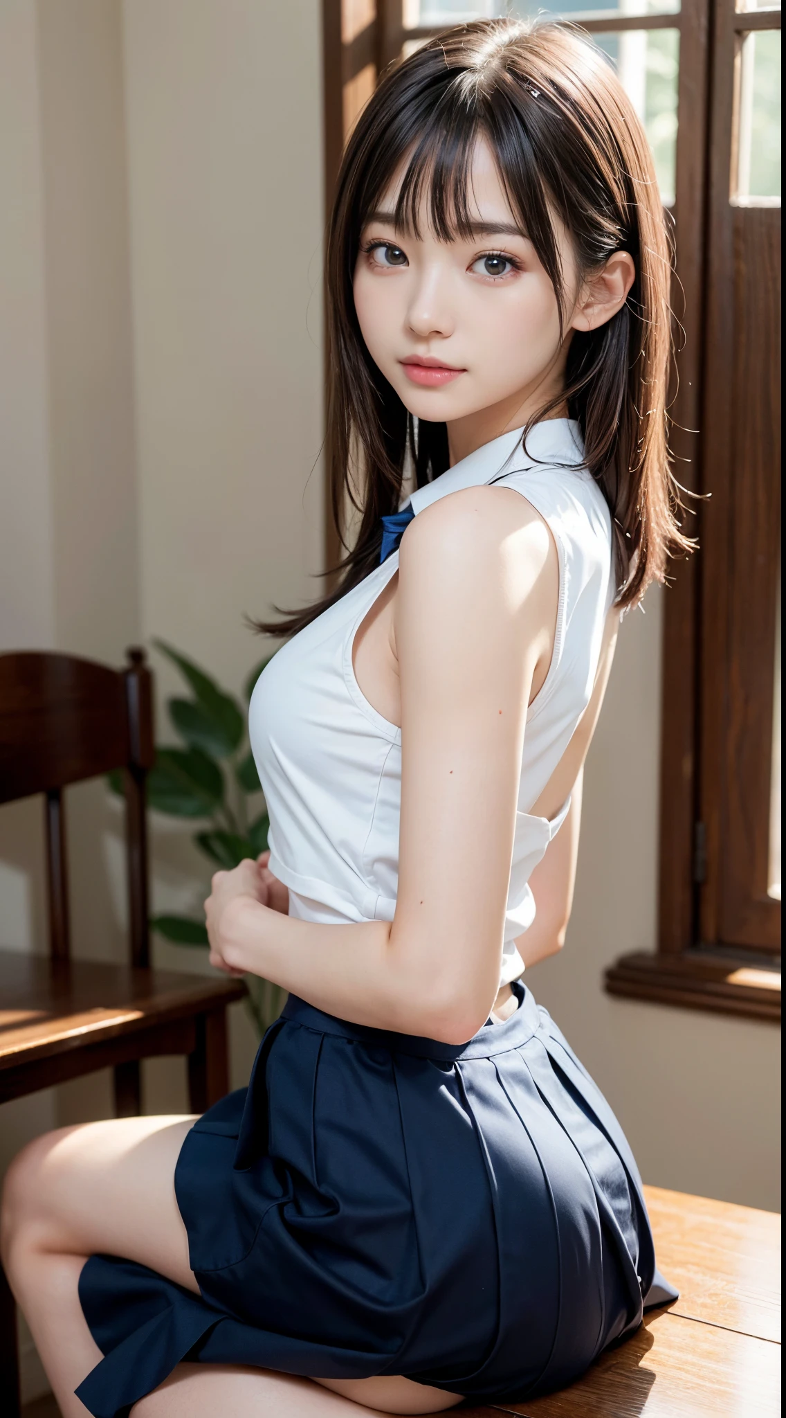 hight resolution、high-level image quality、8K、Real live-action、Raw photo、top-quality、narrow her eyes, Detailed skin, Beautiful skins, 超A high resolution, (Realistis:1.4)、Beautiful skins,  (A hyper-realistic)、(masuter piece、Best Quality), 18 year old adult girl, , , , 、up skirt、White cotton blend mini scanti、lying on a desk, from the rear, small bottom, crass room, Smile, Fun, Volumetric lighting, Sunlight, Too bright natural light、beautiful butt、Beautiful butt、Round buttocks、